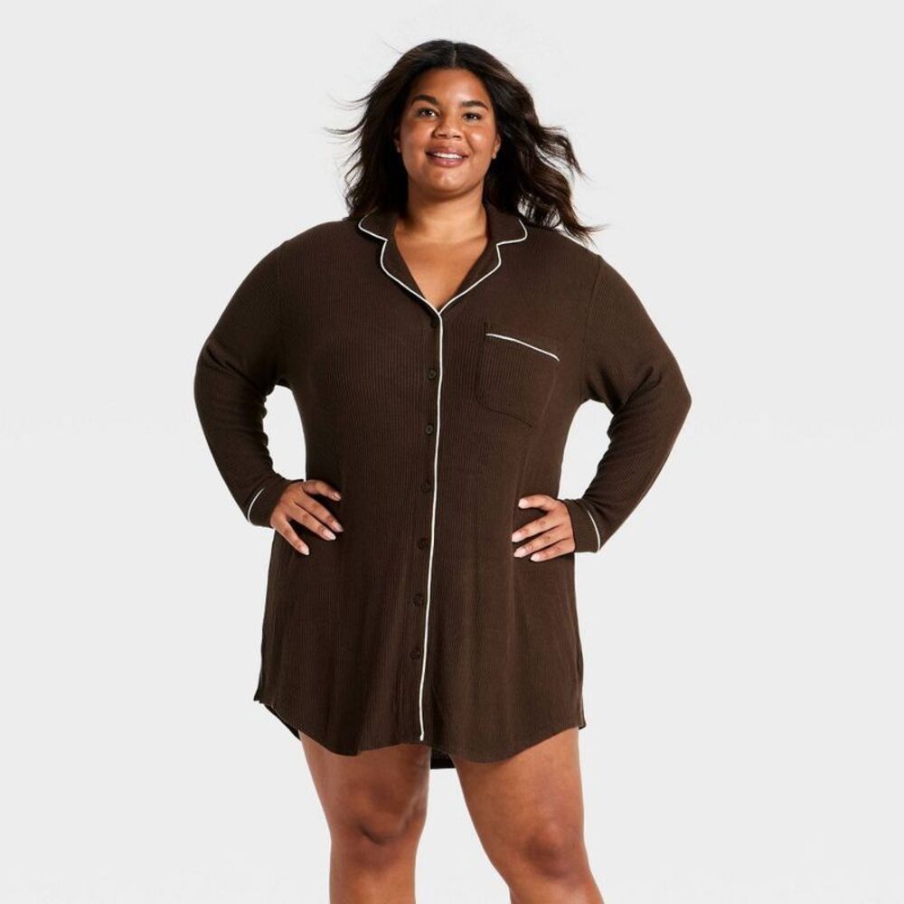 Women's Cozy Ribbed Notch Collar Pajama Gown - Auden Brown XL